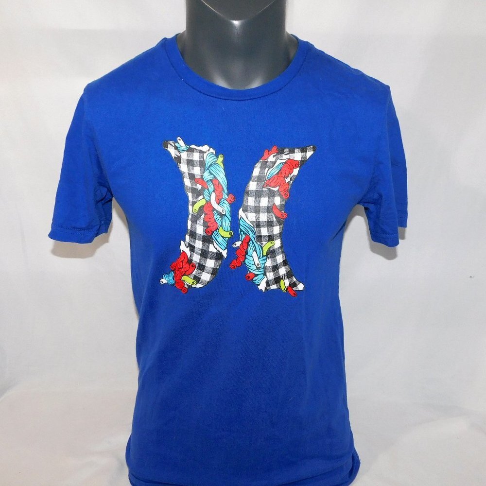 Hurley Blue Plaid Logo Heart  Graphic T Shirt Mens L